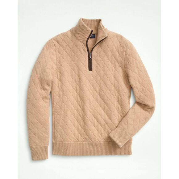 BROOKS BROTHERS Classic Quilted Half Zip Sweater Wool Cashmere Tan Sz XXL {W6} - Picture 2 of 6